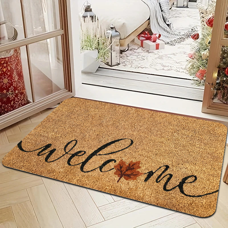 1pc Heavy Duty Coconut Brown Welcome Mat with Elegant Cursive Welcome Lettering & Maple Leaf Design   Thick 1.19cm Pile (600g/m²) Non Slip /Outdoor Mat   Beige/Brown Leaf Pattern Mat for Front Door  Porch  RV  Pet Friendly