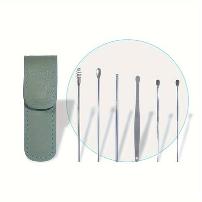 6 in 1 Stainless Steel Ear Wax Removal Tool Kit with PU Leather Case - Portable Ear Cleaner Set with Multiple Heads and Spoon for Ear Care in Stick Shape, No Batteries Required