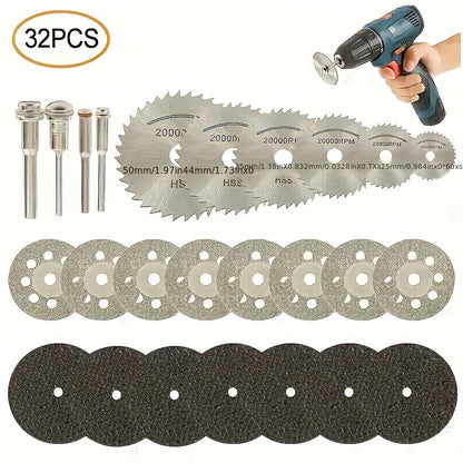 32pcs Mini High-Speed Steel Circular Saw Blades Set - Perfect for Resin & Woodworking, Includes Diamond Metal Discs for Rotary Tools