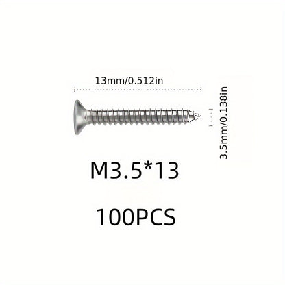 100pcs KA flat head Phillips self tapping screws, nickel plated, durable, suitable for wood, metal, plastic, full thread, right hand thread, iron 0.138*0.512 inch (3.5*13 mm)/100pcs