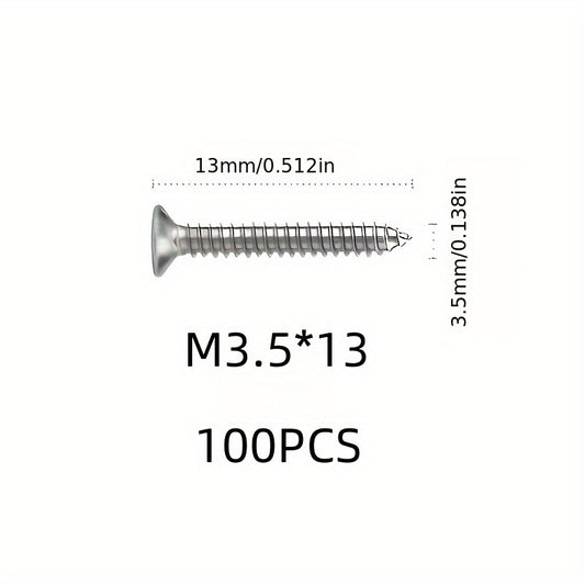 100pcs KA flat head Phillips self tapping screws, nickel plated, durable, suitable for wood, metal, plastic, full thread, right hand thread, iron 0.138*0.512 inch (3.5*13 mm)/100pcs