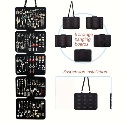 1pc Elegant Black Felt Jewelry Storage Box - 5-Layer Hanging Storage with Large Capacity and Foldable Design for Earrings, Pendants, Necklaces and Bracelets - Versatile Badge and Pin Display with Lanyard