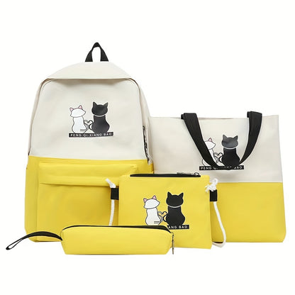 4-piece kitten print backpack set with matching tote, pencil case and wallet - durable oxford material with adjustable shoulder straps for travel and school