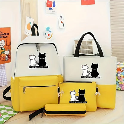 4-piece kitten print backpack set with matching tote, pencil case and wallet - durable oxford material with adjustable shoulder straps for travel and school