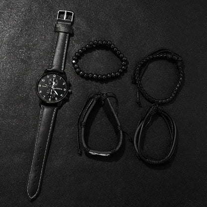Men's Casual Quartz Watch and Faux Leather Bracelet Set -