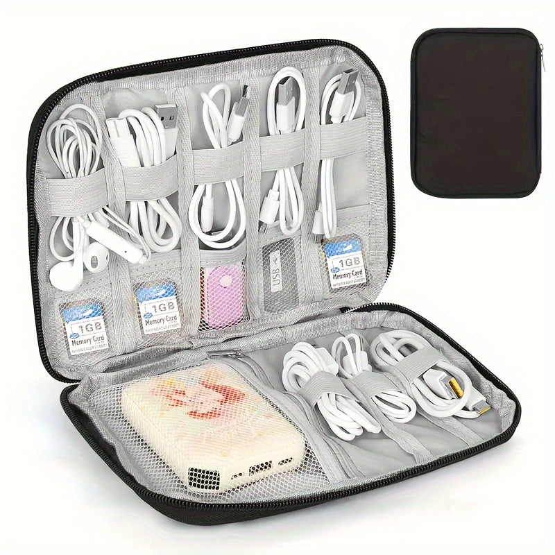 Compact Travel Cable Organizer - Multi-Pocket Electronics Organizer for Chargers, Cables and Accessories, Durable Fabric, Black - Perfect for On-the-Go Cable Management