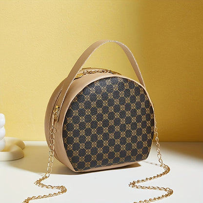 Girls classic fashion diamond letter print round crossbody bag with chain and zipper closure, casual simple commuter shoulder bag suitable for travel and daily use