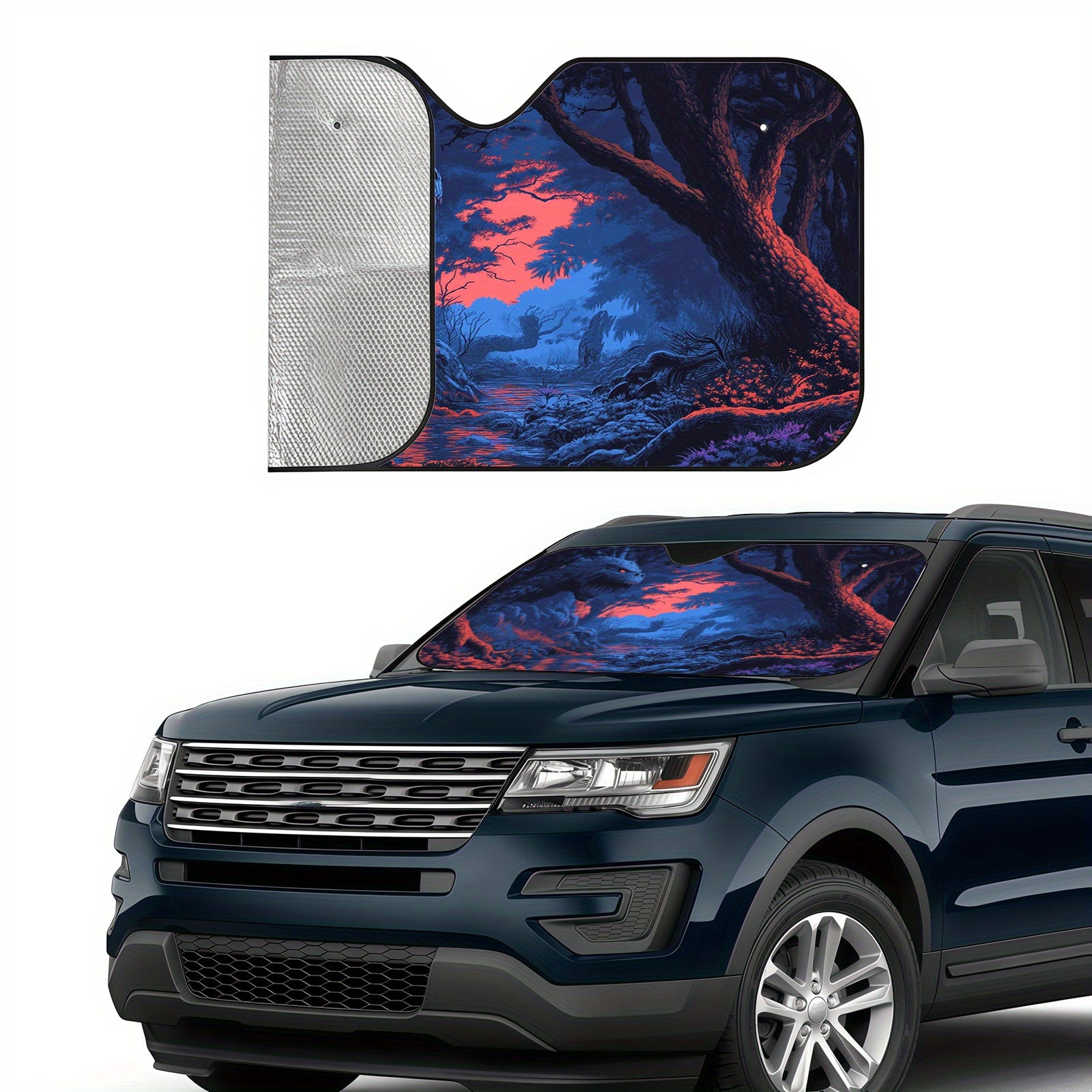 Mysterious Forest Monster Pattern Car Sunshade  Heat Insulation and Scratch Resistant  Keeps the Interior Comfortable with Installation Suction Cups