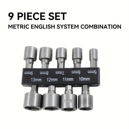 9-Piece Set of 5Mm to 13Mm Hex Socket Screwdriver Bits for Drills - Carbon Steel Construction