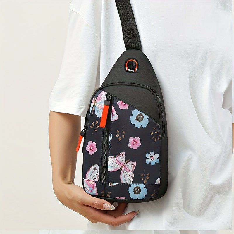 Women's casual nylon chest bag with adjustable shoulder straps and zipper closure, solid color, random pattern, polyester lining, stylish mini canvas crossbody bag, painted edges, random direction of upper zipper