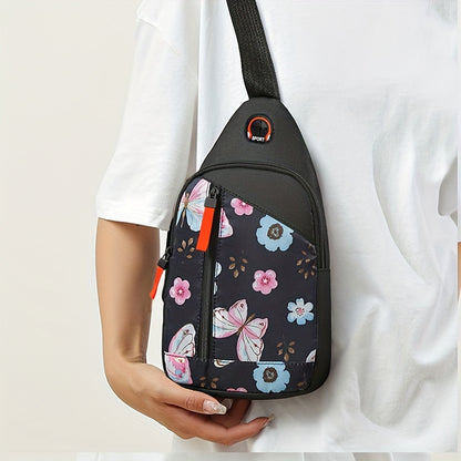 Women's casual nylon chest bag with adjustable shoulder straps and zipper closure, solid color, random pattern, polyester lining, stylish mini canvas crossbody bag, painted edges, random direction of upper zipper