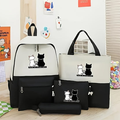 4-piece kitten print backpack set with matching tote, pencil case and wallet - durable oxford material with adjustable shoulder straps for travel and school