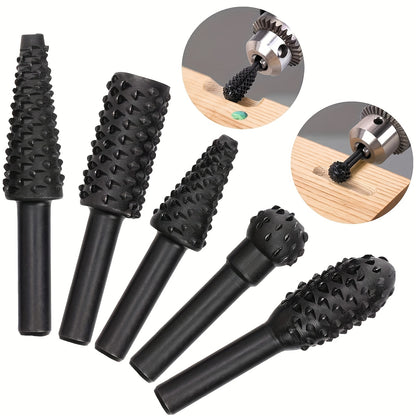 5pcs Wood Carving File Rasp Drill Bit Set - 1/4" 6mm Rotary Rasp Drill Bit for DIY Woodworking, Rotating Embossed Chisel Shaped Shank Tool, Burr Power Tools for Engraving, Polishing, Grinding