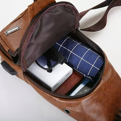 1pc Vintage Style Faux Leather Crossbody Bag - Adjustable Shoulder Strap, Anti-theft Zipper Closure, Casual Travel Chest Bag with Multiple Compartments and Pockets for Easy Organization of Items