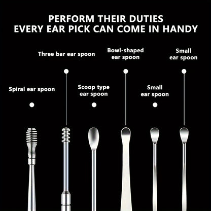 6 in 1 Stainless Steel Ear Wax Removal Tool Kit with PU Leather Case - Portable Ear Cleaner Set with Multiple Heads and Spoon for Ear Care in Stick Shape, No Batteries Required
