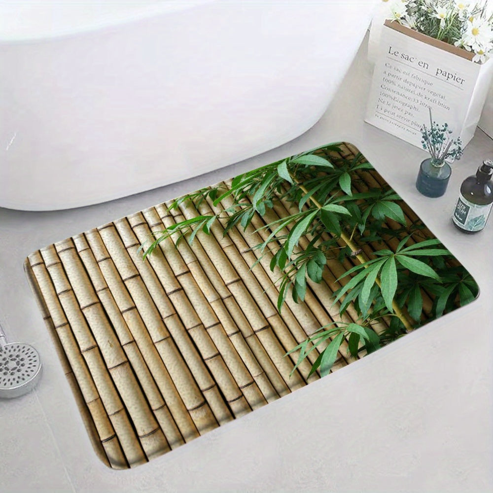 1 Serene Bamboo Bath Mat   Natural Beige Bamboo with Green Stems  Featuring a Soft Blanket Texture And a Non Slip Polyester Backing  Perfect for Bathroom Decor  Bath Mat | Tranquil Design | Soft Textured Mat
