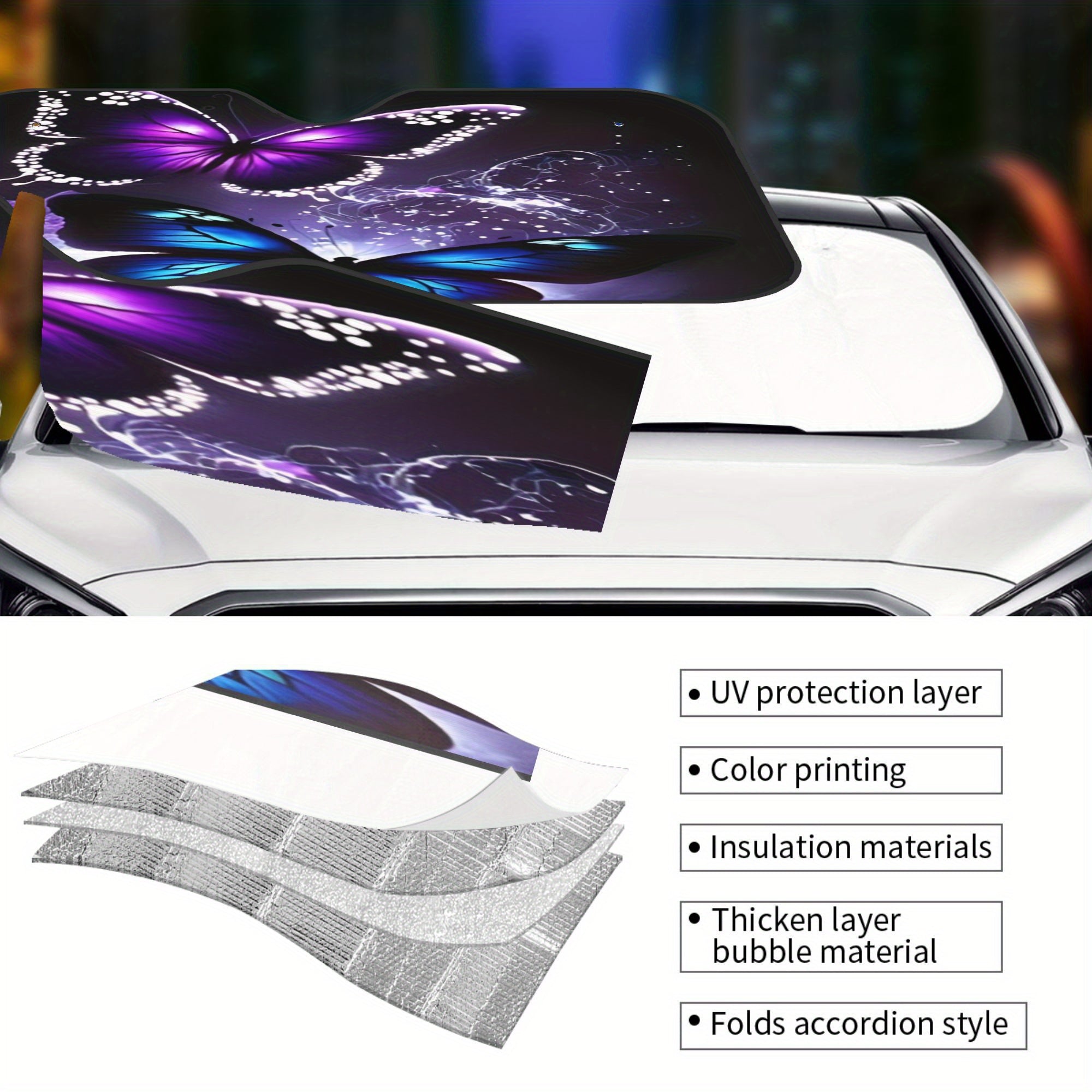 1pc Fit Car Sunshade Windshield Cover with Purple Blue Butterflies Design   Heat Insulating UV Protection  Windshield Cover for Parking