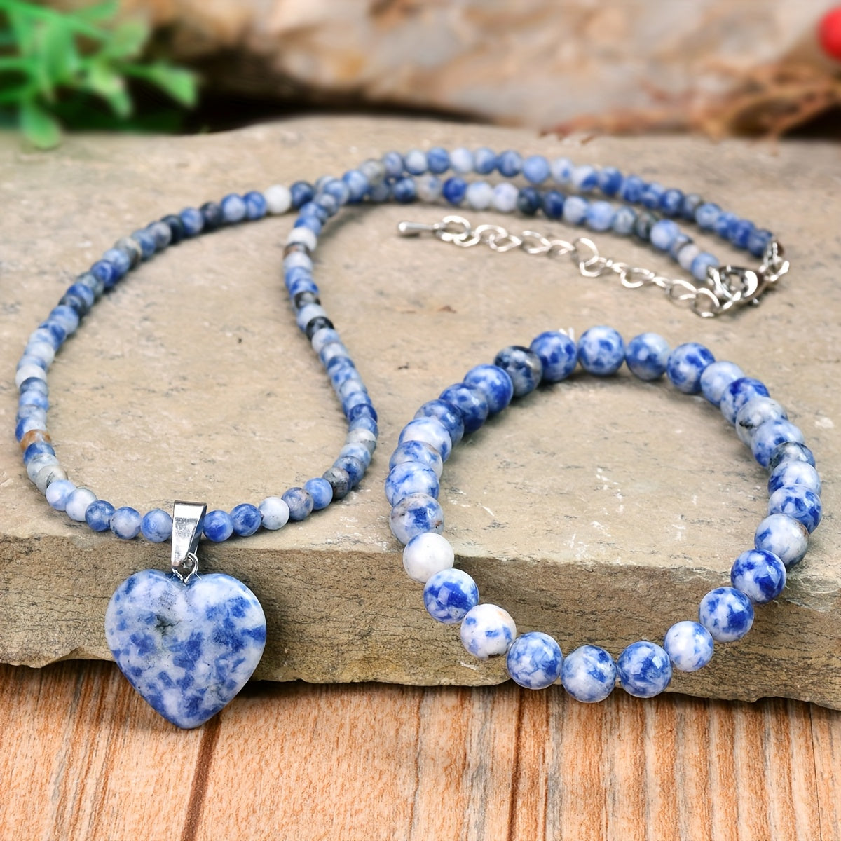 2pcs Blue Dot Stone Love Pendant Necklace Bracelet Set Retro Bohemian Summer Vacation Gift Natural Stone Handmade Jewelry