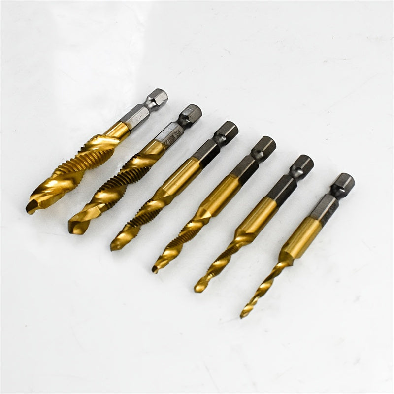 6pcs/Set, M3-M10 Titanium Coated HSS Composite Screw Tap Drill 1/4" Hex Shank Spiral Deburr Countersink Drill Bit Metalworking Tool