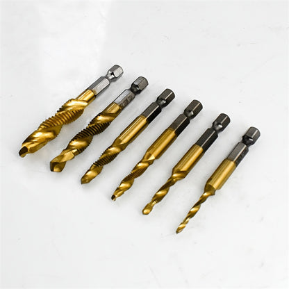 6pcs/Set, M3-M10 Titanium Coated HSS Composite Screw Tap Drill 1/4" Hex Shank Spiral Deburr Countersink Drill Bit Metalworking Tool