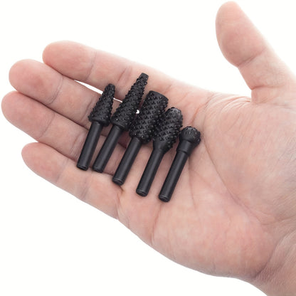 5pcs Wood Carving File Rasp Drill Bit Set - 1/4" 6mm Rotary Rasp Drill Bit for DIY Woodworking, Rotating Embossed Chisel Shaped Shank Tool, Burr Power Tools for Engraving, Polishing, Grinding