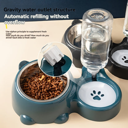 2 in 1 Pet Feeder with Automatic Drinking Fountain, Non-slip Tilt Stainless Steel Cat and Dog Food Bowl, No Batteries Required, No Power Supply Required, Automatic Feeder for Cats