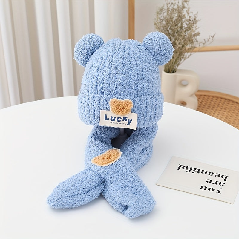 's Autumn and Winter Bear Knit Hat Unisex Warm Pullover Cap and Scarf Set