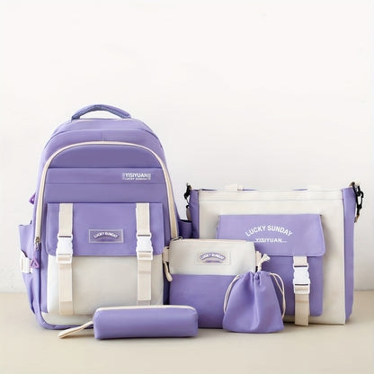 5-Piece Women's Fashion Backpack Set Preppy Style Black Pink Blue Green Purple Oxford Cloth with Adjustable Shoulder Straps and Zipper Closure, Polyester Lining