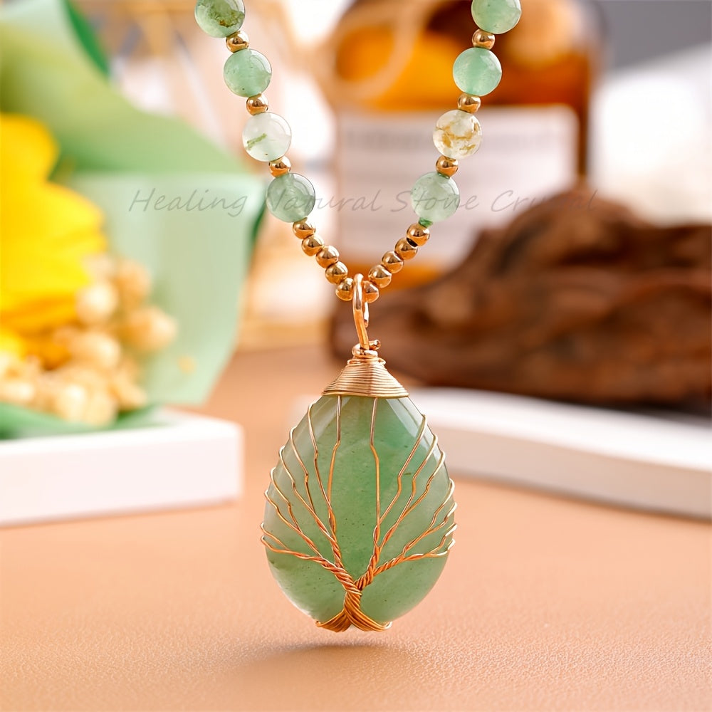 [Gift Ready] JXMYBA Boho Chic Natural Amethyst Tree of Life Pendant Necklace   Handmade Chakra Gemstone Bead Chain with Golden Wire Wrapped Teardrop Charm  Ideal for Valentine'S Day & Birthday Gifts  Holiday Jewelry|Elegant Gift Box|Natural Crystal Bead C