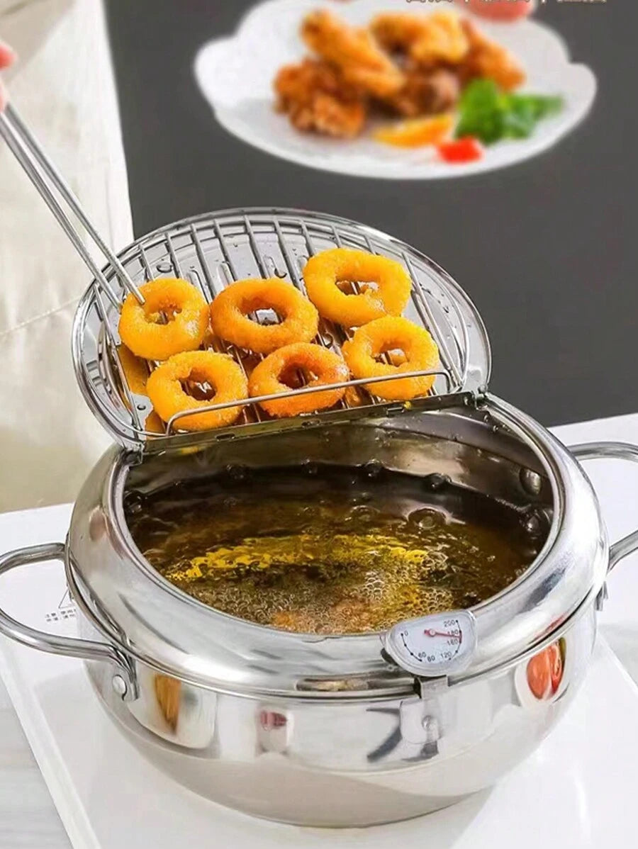 Deep Fryer with Oil Cold Zone Technology 3400 ml Stainless Steel Japanese Tempura Frying Pot with Thermometer and Oil Drainer Small Fryer for French Fries, Fish and Crispy Meat
