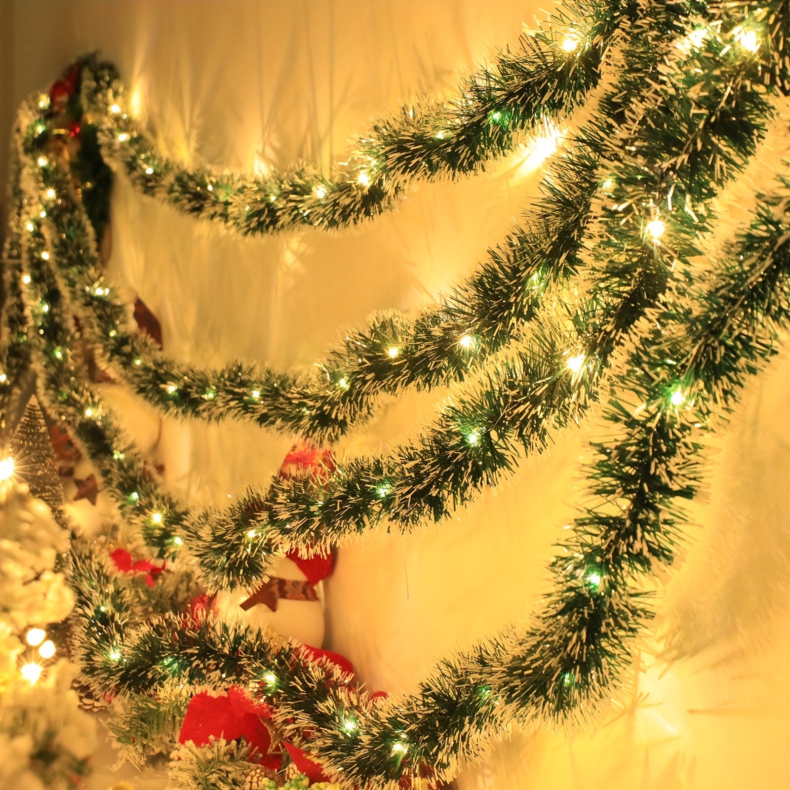 1 Set of 30 LED Battery Operated Christmas Green Metallic Twist Tinsel Garland for Classic Home  Party  Bedroom  Indoor Decorations   Classic Style Hanging Greenery (Batteries Not Included)