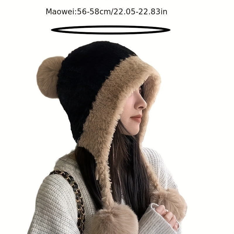 Women's Plush Fleece Winter Hat with Ear Flaps & Pom Pom   Elastic Ribbed Fisherman Beanie  Hand Washable Warm Cold Weather Cap for Christmas & Outdoor Activities