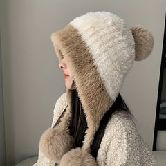 Women's Plush Fleece Winter Hat with Ear Flaps & Pom Pom   Elastic Ribbed Fisherman Beanie  Hand Washable Warm Cold Weather Cap for Christmas & Outdoor Activities