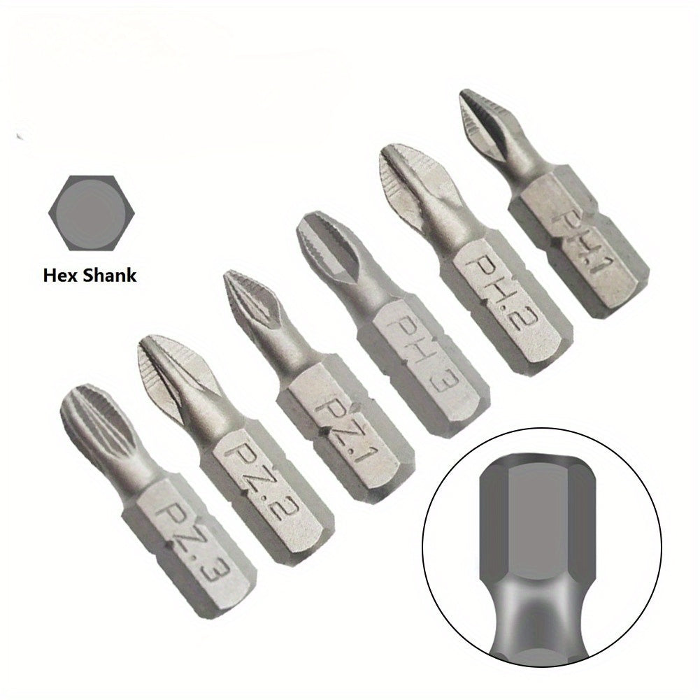 6pcs/set 25mm Cross Bits Set Hex Shanked Anti Slip Screwdriver Bits Magnetic Non Slip Drill Batch Head PH1/PH2/PH3/PZ1/PZ2/PZ3