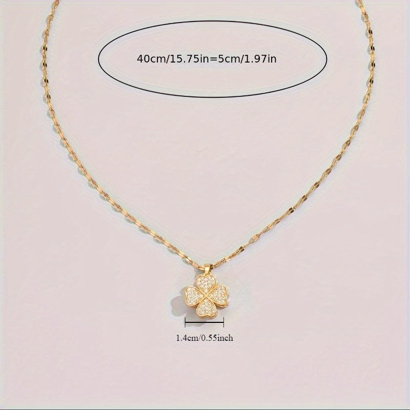 1pc Stainless Steel Four Leaf Clover Necklace with Accents   Bohemian Style Golden Tone Chain  Unisex Jewelry for Men & Women  Casual Attire & Holiday Gifts (Christmas  Halloween)