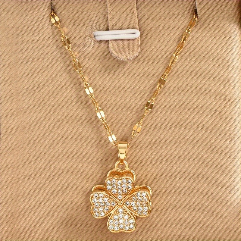 1pc Stainless Steel Four Leaf Clover Necklace with Accents   Bohemian Style Golden Tone Chain  Unisex Jewelry for Men & Women  Casual Attire & Holiday Gifts (Christmas  Halloween)
