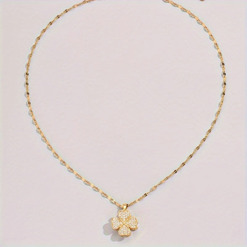 1pc Stainless Steel Four Leaf Clover Necklace with Accents   Bohemian Style Golden Tone Chain  Unisex Jewelry for Men & Women  Casual Attire & Holiday Gifts (Christmas  Halloween)