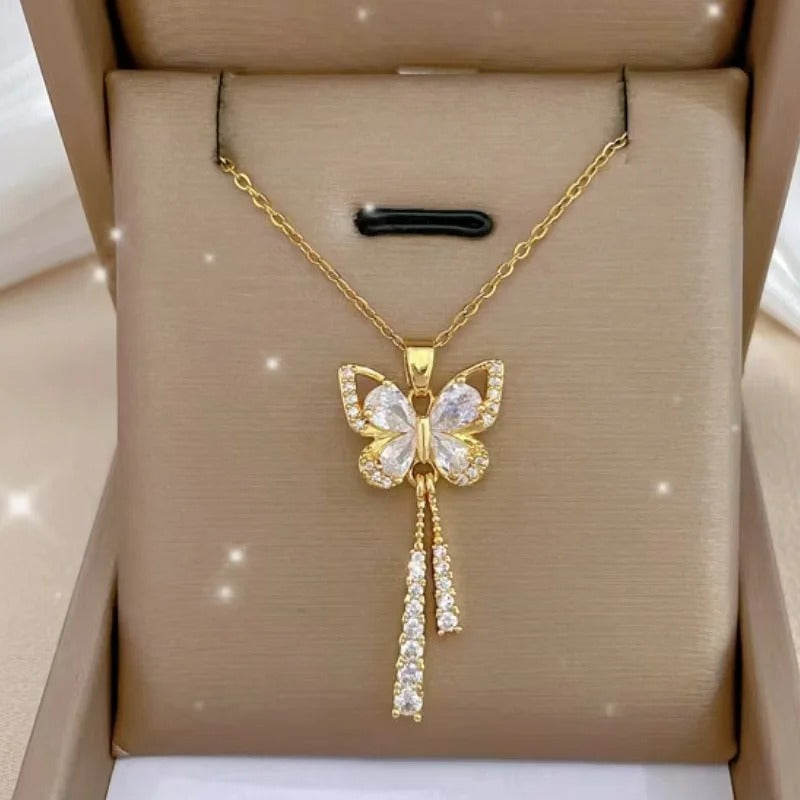 Exquisite Micro Inlaid Synthetic Cubic Zirconiaia Butterfly Tassel Stainless Steel Necklace with  Perfect Gift for Fashion forward Women