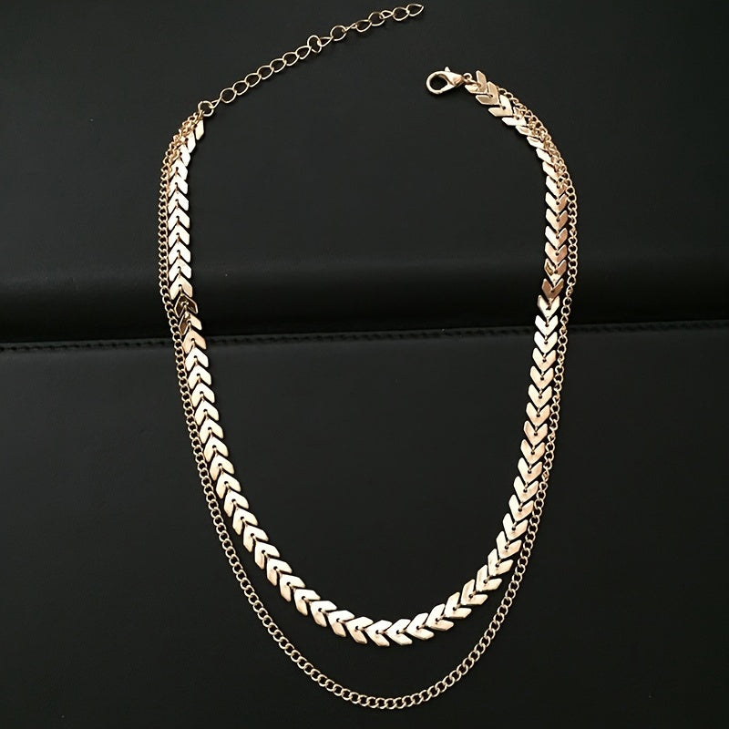 Trendy Women's Double Layer Choker Necklace   Golden Tone Bohemian Snake Chain Collar with Leaf Charm Accents  Versatile Party Jewelry for Music Festivals  Valentine's Day & Year Round Wear  Festival Accessories  Elegant Design