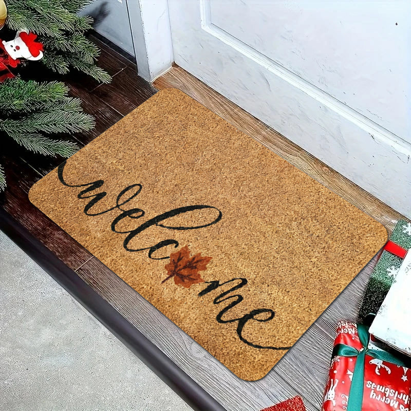 1pc Heavy Duty Coconut Brown Welcome Mat with Elegant Cursive Welcome Lettering & Maple Leaf Design   Thick 1.19cm Pile (600g/m²) Non Slip /Outdoor Mat   Beige/Brown Leaf Pattern Mat for Front Door  Porch  RV  Pet Friendly
