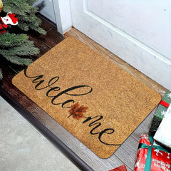 1pc Heavy Duty Coconut Brown Welcome Mat with Elegant Cursive Welcome Lettering & Maple Leaf Design   Thick 1.19cm Pile (600g/m²) Non Slip /Outdoor Mat   Beige/Brown Leaf Pattern Mat for Front Door  Porch  RV  Pet Friendly