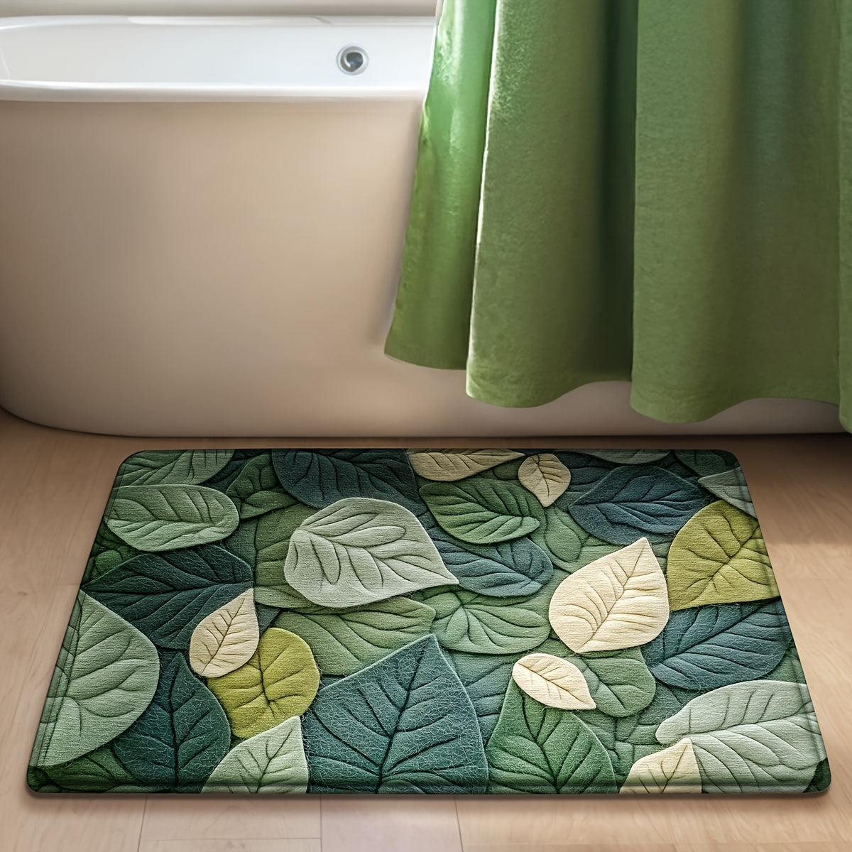 1pc DAJIANG Leaf Pattern Bath Mat   Soft  Absorbent  Non Slip Bathroom Rug for Shower  Bathtub  and Sink  Green Leaf Design  Machine Washable Polyester  Home Decor for Spring and Summer  Shower Accessory | Vibrant Bathroom Mat | Machine Washable Mat