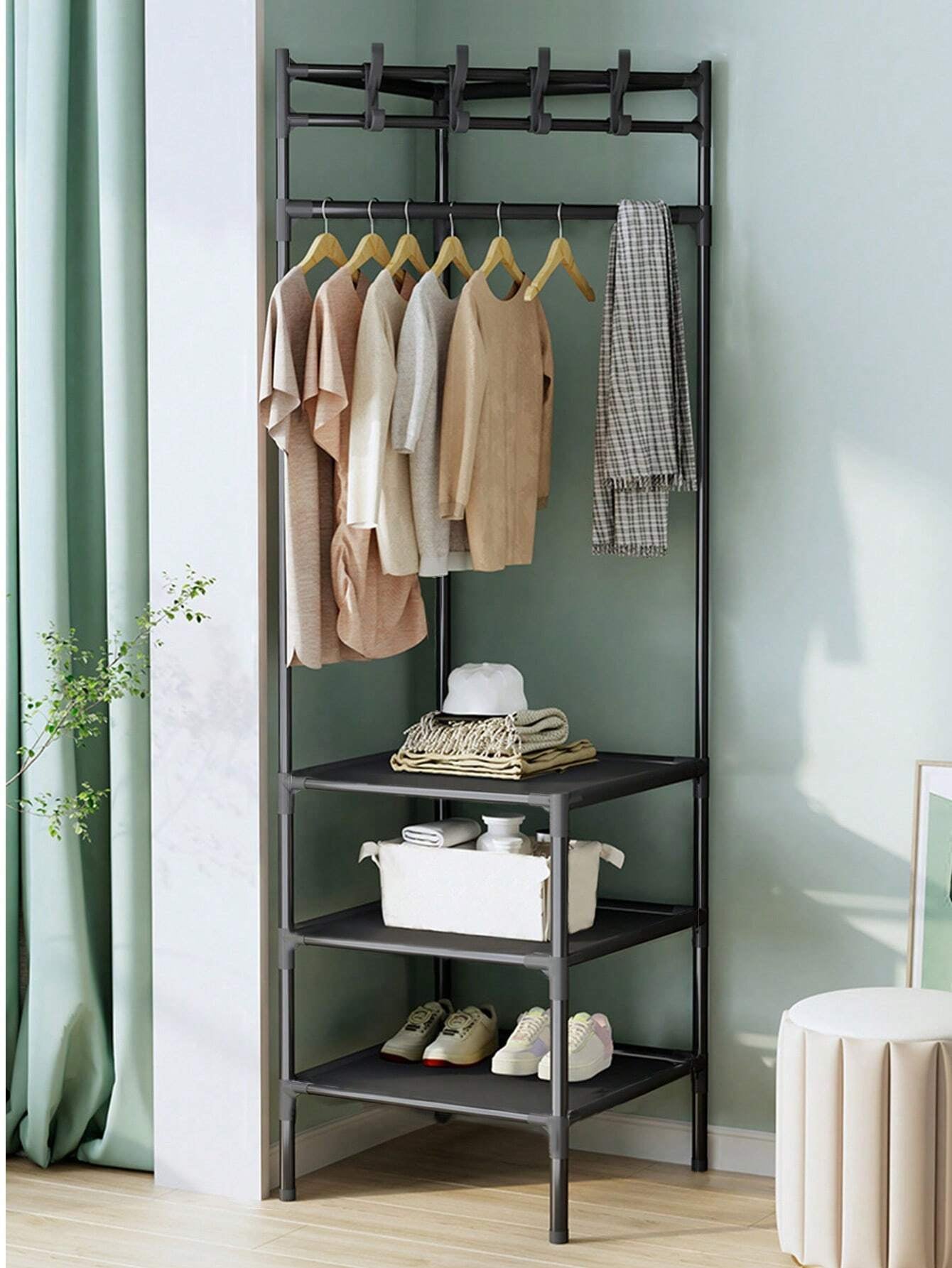 Coat Rack with Shelf Vintage Corner Hall Tree with 2 Shelves Entrance Coat Hanger with 1 Cross Bar Entryway Shelf for Storage Shoes