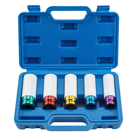 CARTMAN 5 Piece Set 1/2 Inch Drive Deep Impact Socket, Non-Marring Impact Lug Nut Socket with Protective Sleeves, CR-MO