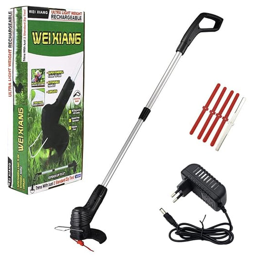 Electric Grass Cutting Machine for Home Garden, Portable Light Weight Lawn Mower with 4 Switchable Nylon Blades and 1 Metal Blade, Rechargable & Retractable