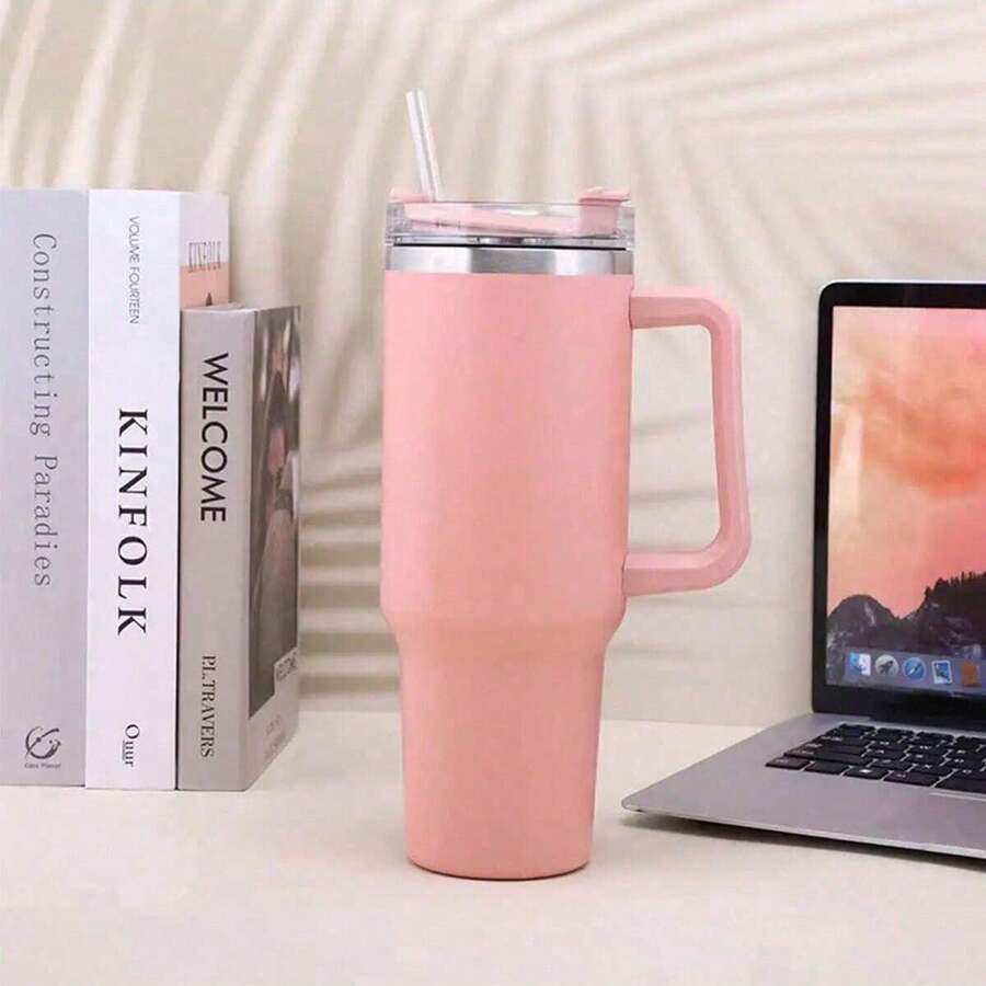 Cold Drink Cup With Handle And Straw, Stainless Steel Flat Bottom Cup With Handle