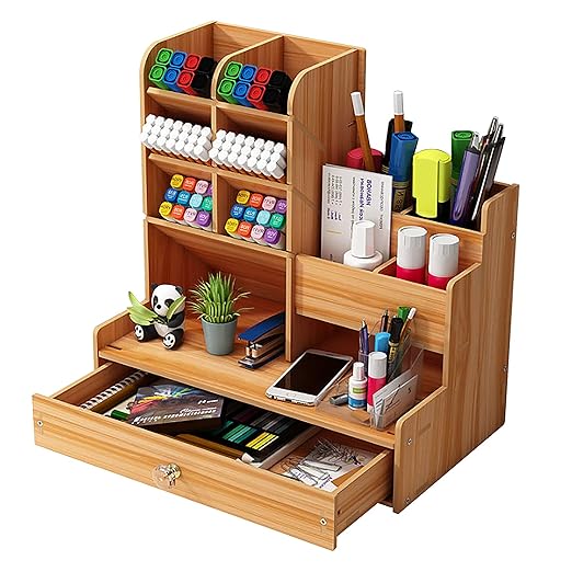 Wooden Desk Organiser DIY Desktop Tidy Pen Holder Large Capacity Stationery Storage Box with Drawer for Home, Office and School