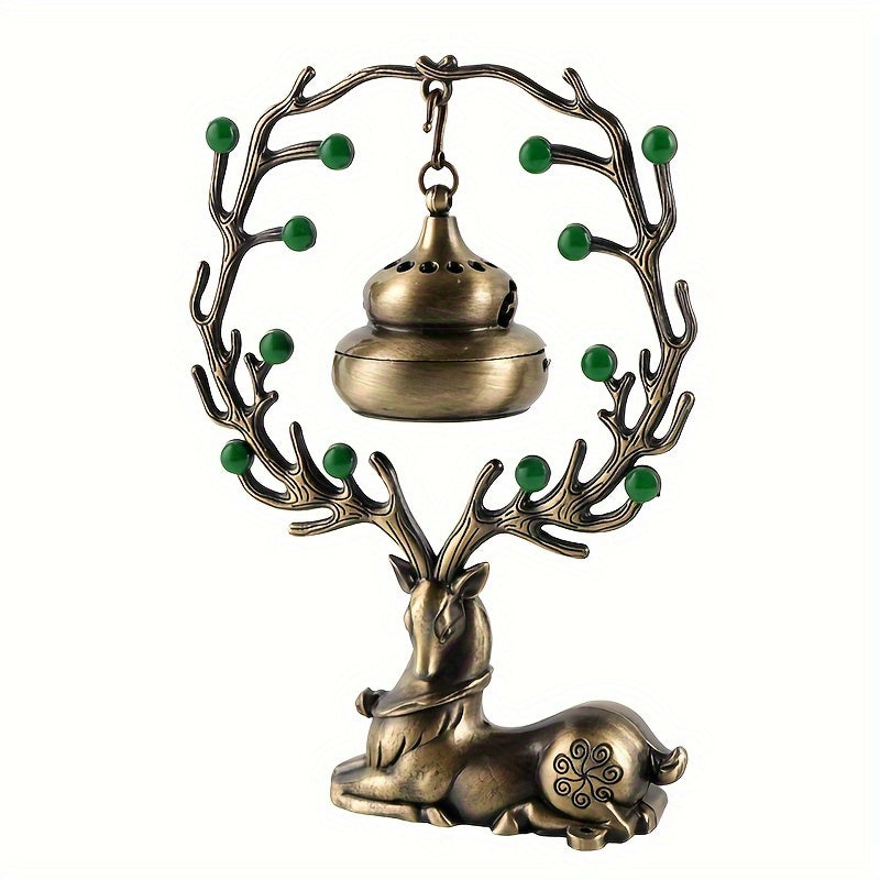 LASODY Elegant Chinese Style Incense Burner with Deer Base   Metal  Green Jade Beads & Golden Bell  Perfect for Home Decor  Christmas  Valentine's  Thanksgiving  Mother'S & Father'S Day  Accessory|Traditional Aesthetic|Elegant Design  Incense Holde