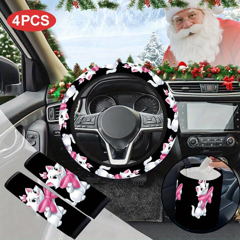4pcs Disney Marie Cat Car Set with Marie & Pink Bows   Cute Steering Wheel Cover  2 Adjustable Seat Belt Protectors & Marie Themed Trash Can   Fit for   (Marie Fans)   Auto Interior Decor