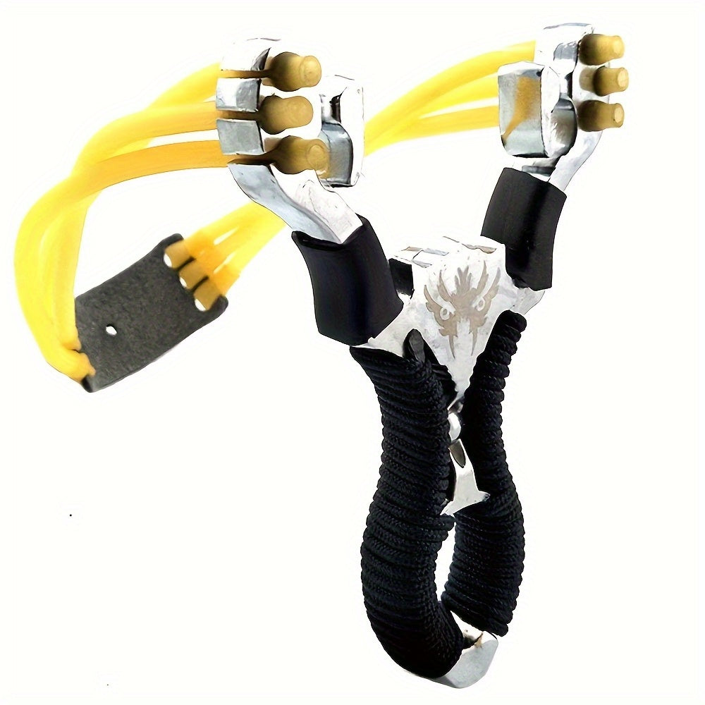 High power aluminum alloy slingshot with rubber band  suitable for hunting and fishing  black and yellow design  durable outdoor throwing tool  precise shooting and fishing